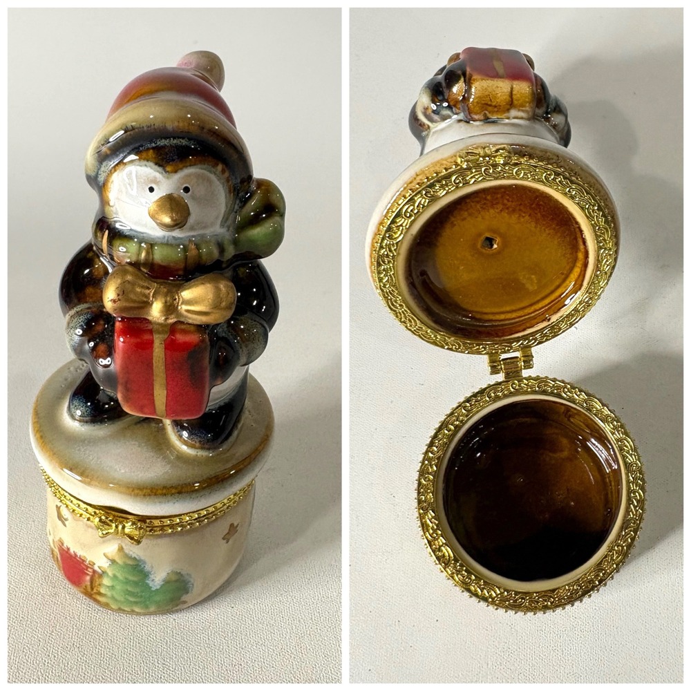 Holiday Penguin Ceramic Hinged Trinket Box Christmas Gift Figurine Glossy